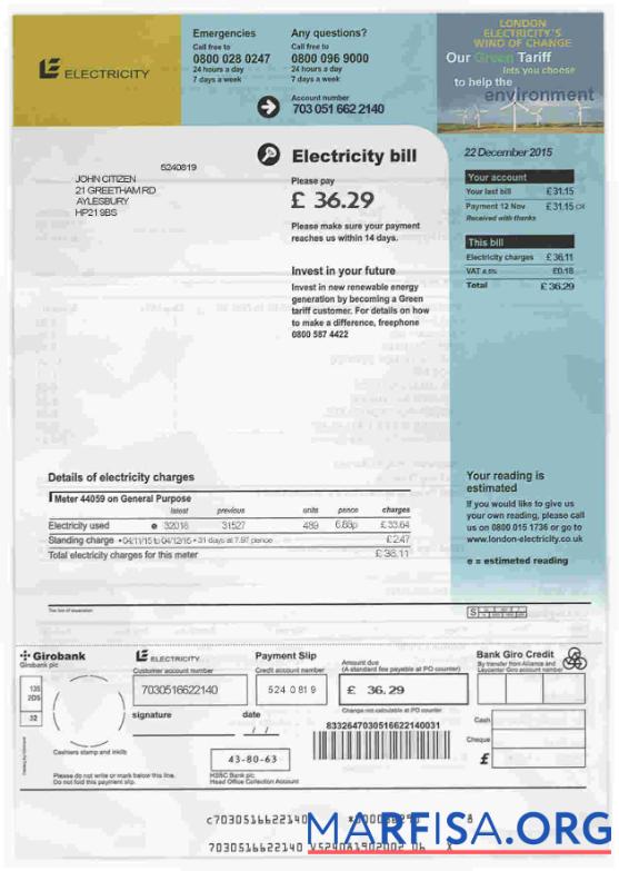 Downloadable United Kingdom electricity utility bill template in PSD format